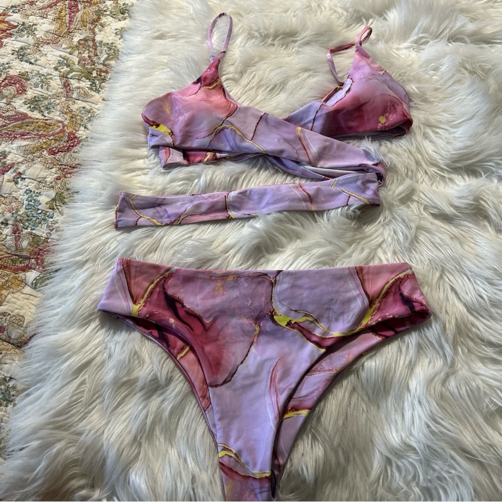 NWOT SHEIN Pink Lavender Gold Marble Print Wrap Bikini Set Sz L
